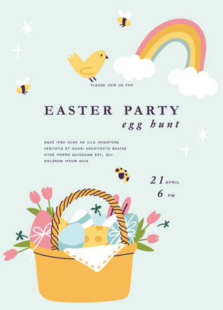 Vector illustration for Easter holiday. Beautiful flowers bouquet with Easter cake and painting eggs inside basket. Template for greeting card, poster, flyer and other users.のイラスト素材