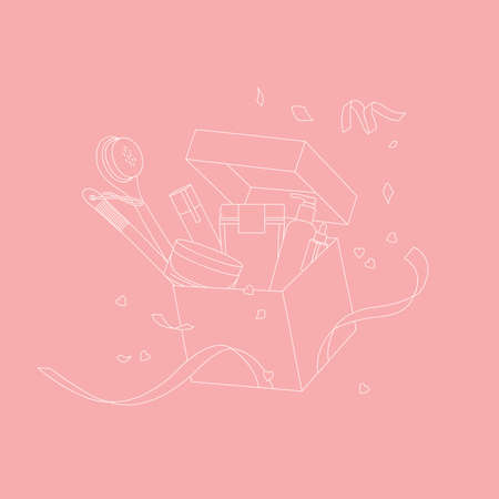 Vector linear illustration unpackaging beauty box with cosmetics. Concept of cosmetics review.のイラスト素材