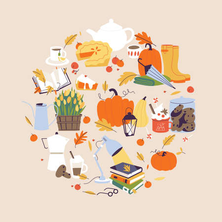 Vector illustration autumn collection. Fall cozy style. Decorative set of autumn elements and accessories.のイラスト素材