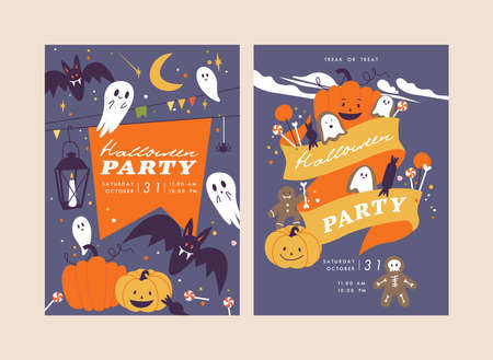 Vector illustration halloween party posters or invitation. Fall celebration leaflet. Horror Helloween placards.のイラスト素材