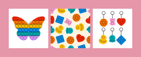 Vector illustration set of trendy sensory popit fidgets. Rainbow anti stress toys with trinket....
