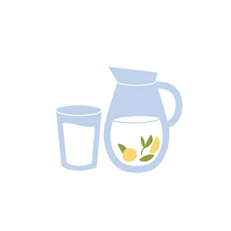 Vector illustration water jug with lemon and leaves of mint and glass of water isolated on a white background.のイラスト素材