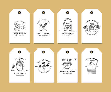 Vector set illustartion logos and design templates or badges. Organic and eco honey labels and tags with bees. Linear style.のイラスト素材