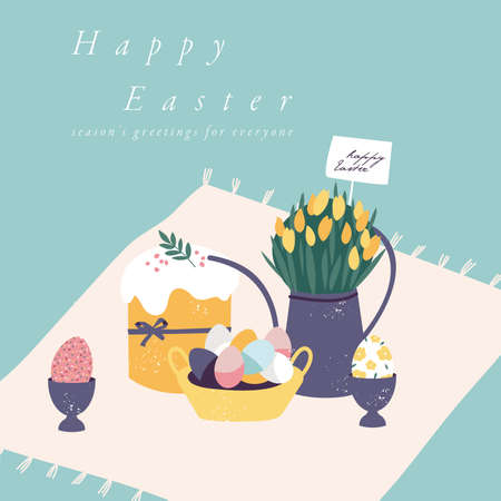 Vector illustration for Easter holiday. Beautiful flowers bouquet with Easter cake and painting eggs. Template for greeting card, posterのイラスト素材