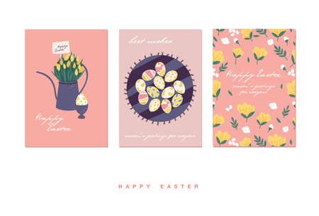 Vector illustration for Easter holiday. Beautiful flowers bouquet in watering can and eggs pattern, Easter cake.のイラスト素材