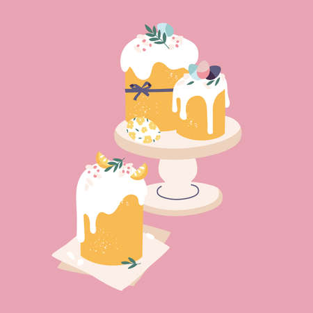 Vector illustration for Easter holiday. Easter cake and painting eggs. Template for greeting card, poster, flyer and other users.のイラスト素材