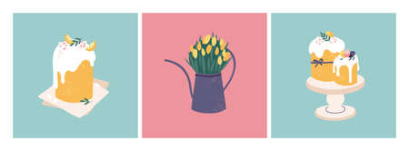 Vector illustration for Easter holiday. Beautiful flowers bouquet in watering can and eggs pattern, Easter cake.のイラスト素材