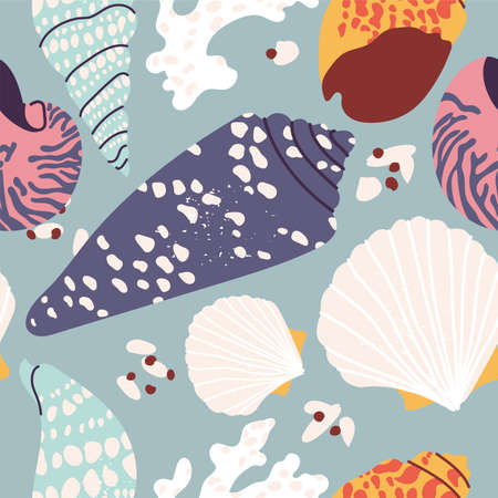 Vector patten with sea shells. Seamless marine pattern or wrapping paper for package. Contemporary modern trendy texture.のイラスト素材