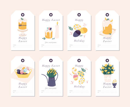 Vector design Happy Easter greetings elements on white background. Spring holiday tags set with typography and colorful icon.のイラスト素材