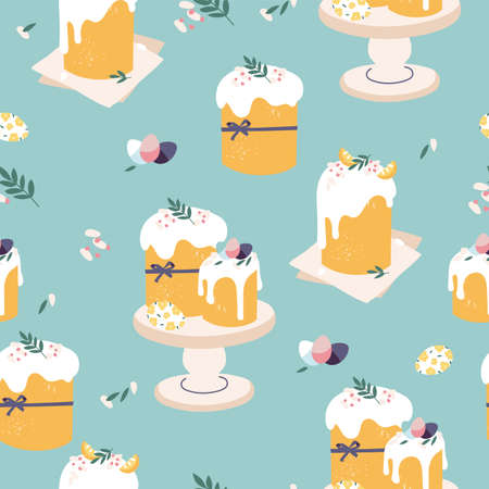 Vector illustration for Easter holiday. Seamless pattern with Easter cakes and painting eggs for prints, decoration and wrapping paper.のイラスト素材