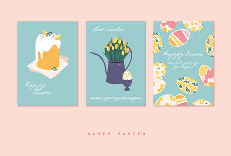 Vector illustration for Easter holiday. Beautiful flowers bouquet in watering can and eggs pattern, Easter cake.のイラスト素材