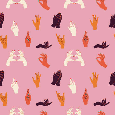 Vector design template icons emblems - ethnic human hands in in different gestures. Seamless pattern.のイラスト素材