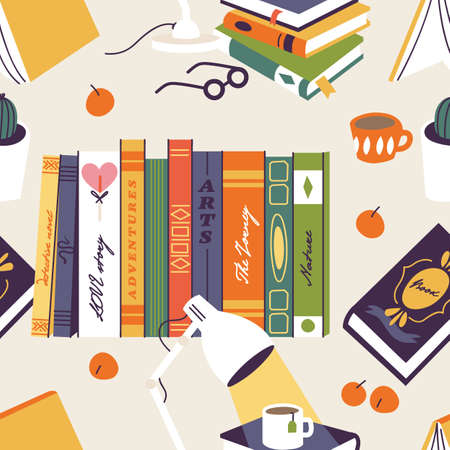 Vector illustration set of books and educational elements. Various books, stack of books, notebooks with decorative elements. Seamless pattern.のイラスト素材