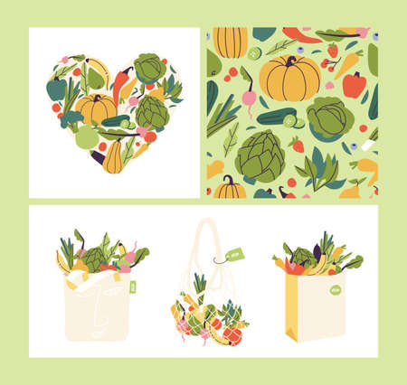 Vector illustration set of banners with vegetables. Compostion with natural vegetables and organic fruits. Bags full of food from local market or grocery.のイラスト素材