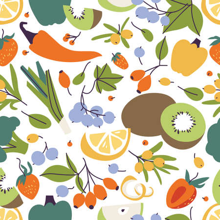 Vector illustration various of food with vitamin C sources. Fruits and vegetables enriched with ascorbic acid. Seamless pattern.のイラスト素材
