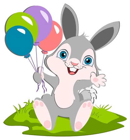 A cut bunny hoalding balloons smiling and weaving.のイラスト素材