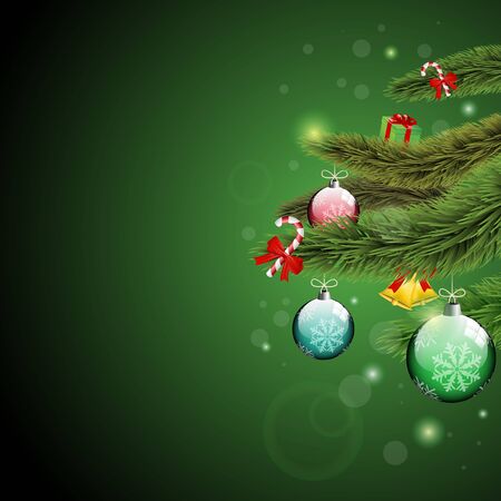 	Christmas tree branches with presents and shine green backgroundのイラスト素材