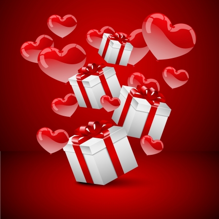 Preasents with heart balloons, red bakground のイラスト素材