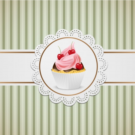 	Cupcake with pink creme on lace and striped table cloth.のイラスト素材