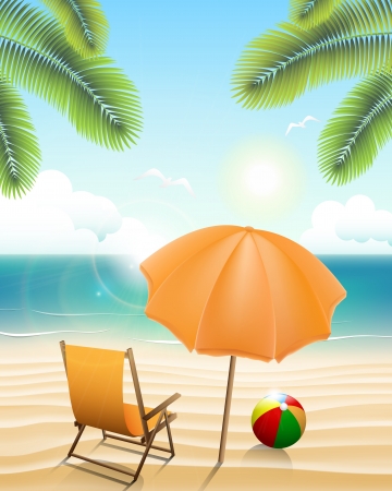 Beach with parasol, chair, ball and palm treesのイラスト素材