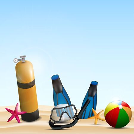 Scuba gear on a beach width a ball and  starfis のイラスト素材
