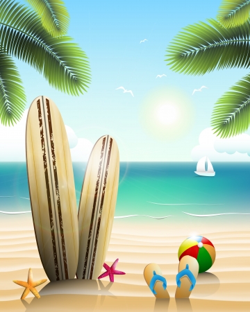 Surfboards on a beach with beach elementsのイラスト素材