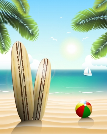 Surfboards on a beach and a ball in the sand.のイラスト素材