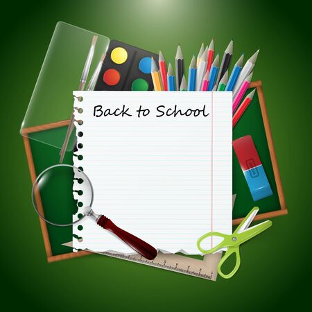 Back to school vector illustration on green background with school supplies.のイラスト素材