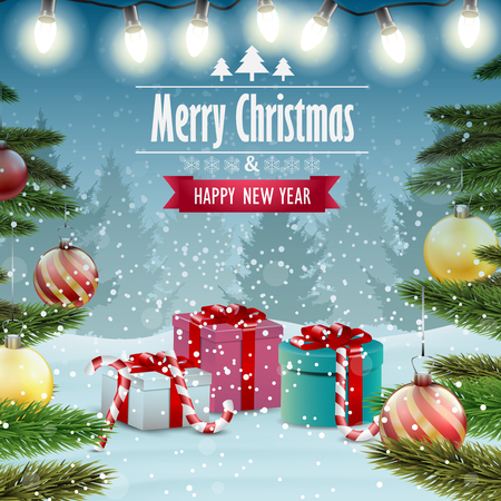 Beautiful Christmas card with Christmas decoration on a winter background.のイラスト素材
