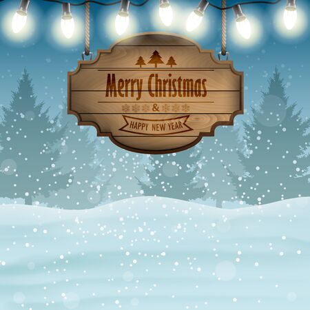 Christmas card with wooden sing and Christmas lights.のイラスト素材
