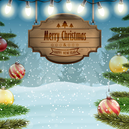 Christmas card with a wooden board sing and Christmas decor.のイラスト素材