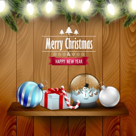 Christmas ornaments and decoration on a wooden shelf, wooden background.のイラスト素材