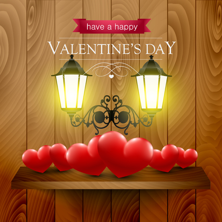 Valentines day card with hearts and lanterns on a wooden shelf.のイラスト素材