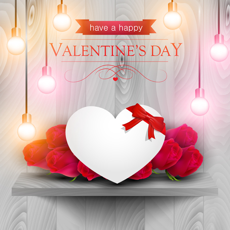 Paper heart and red roses on a wooden shelf, Valentines day card.のイラスト素材