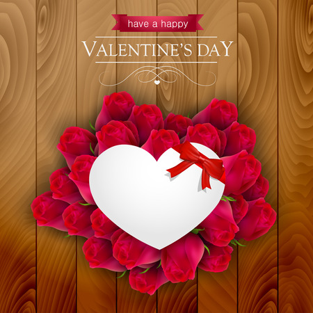 Red roses around a paper heart on a wooden background, Valentines day card.のイラスト素材