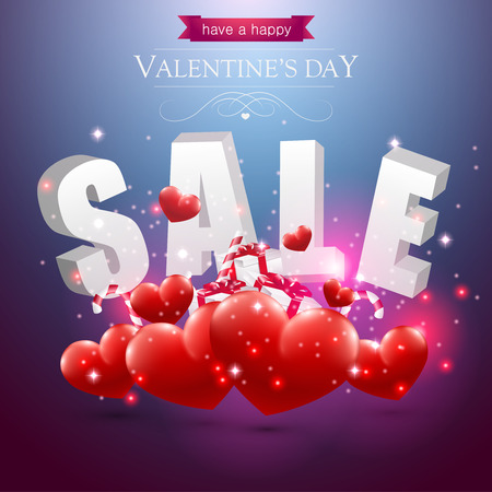 Valentines sale sign with red hearts presents and candy on a blue background.のイラスト素材