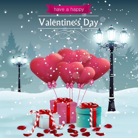 Beautiful Valentines day card width street lights heart shape balloons and presents with candy cane, winter background.のイラスト素材