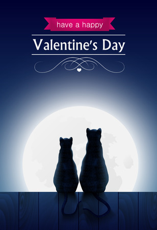 Two cats sitting o a fence looking at the fool moon and forest, valentines day card.のイラスト素材