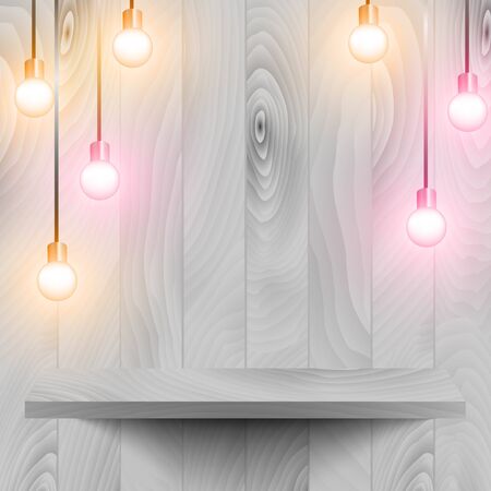 Wooden shelf with a wooden background and some retro lamps hanging.のイラスト素材