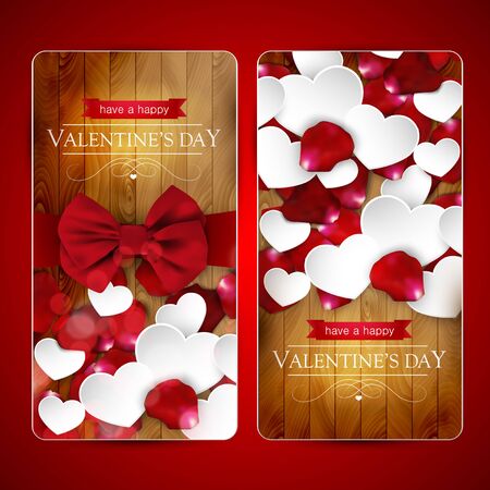 Valentines day cards with bow, paper hearts and rose petals on a wooden background, set of two.のイラスト素材