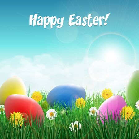 Easter eggs on a grass field with flowers.のイラスト素材