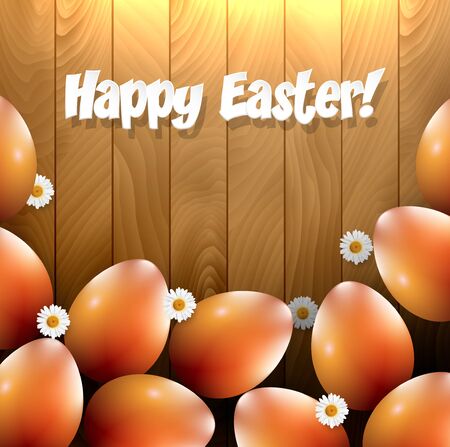 Easter eggs and small flowers on a wooden backgroundのイラスト素材