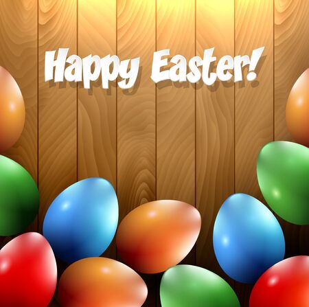 Different Easter eggs on a wooden background. Vector illustration.のイラスト素材