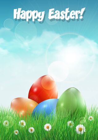 Easter eggs on a filed with flowers. Vector illustration.のイラスト素材