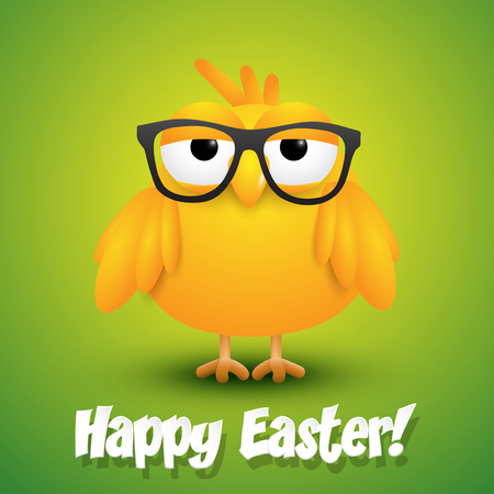 Cute little chicken in black eye glasses on green background, Easter card.のイラスト素材