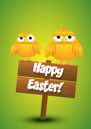 Two yellow chicks standing on a wooden Easter sign. Vector illustration.のイラスト素材