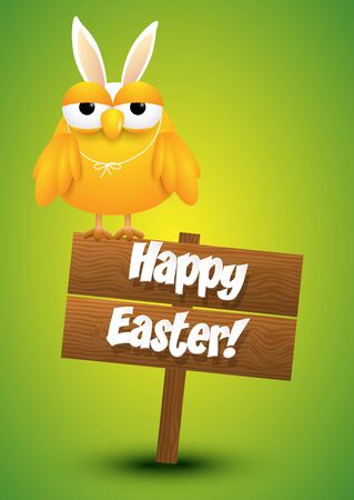 Cute chicken whit a bunny ears costume standing on a wooden sign, Easter card, vector illustration.のイラスト素材