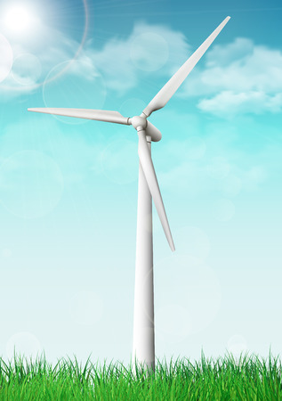 Wind turbine on a grass field sunny day. Vector illustration.のイラスト素材