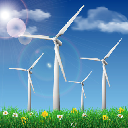 Wind turbines on a grass field. Ecology concept vector illustration.のイラスト素材