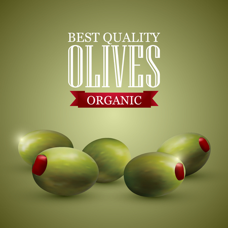 Green olives with paprika and a logo on green background. Vector illustration.のイラスト素材
